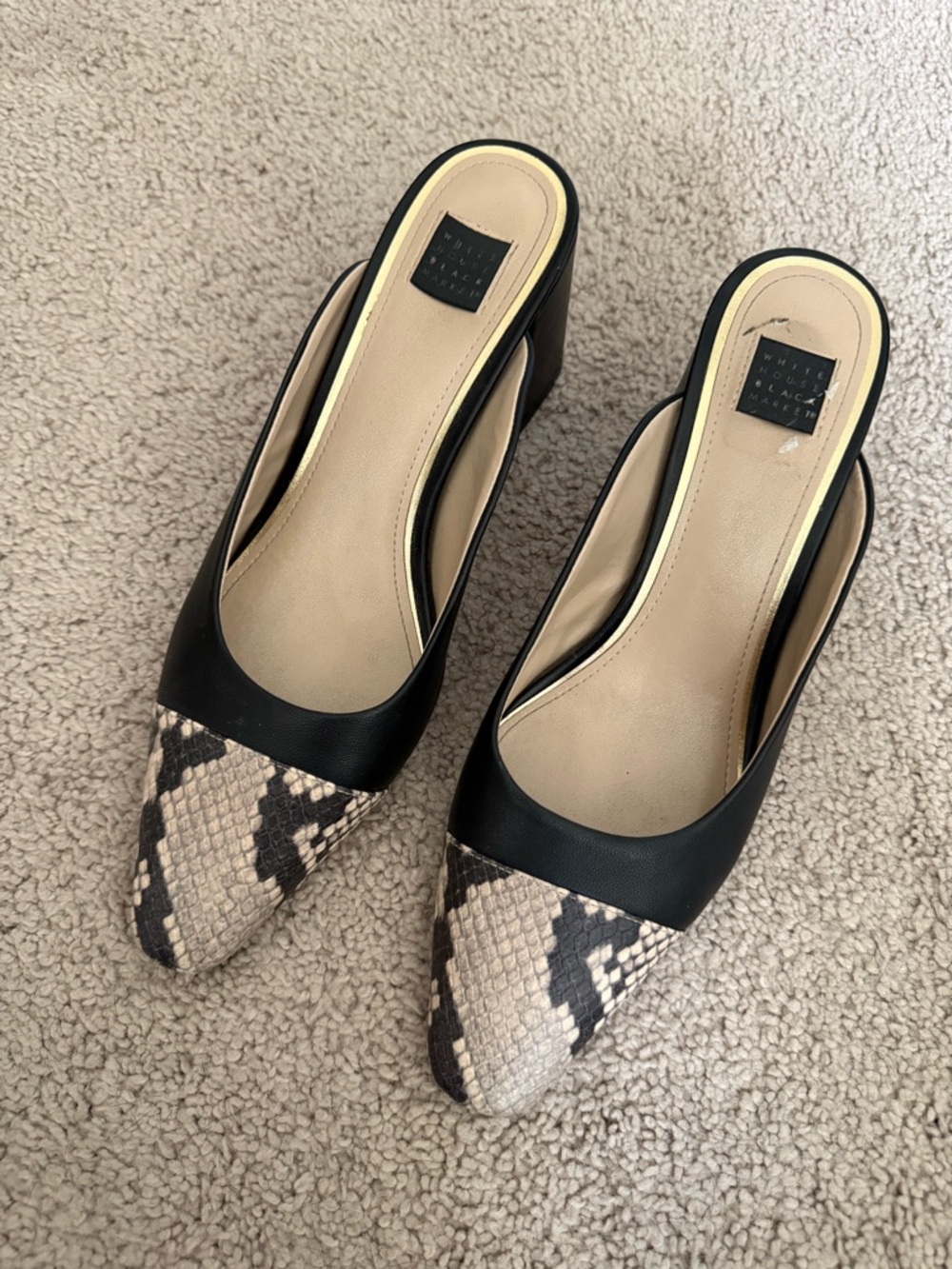 Black and Beige Snake-Print Pointed Mule Heels